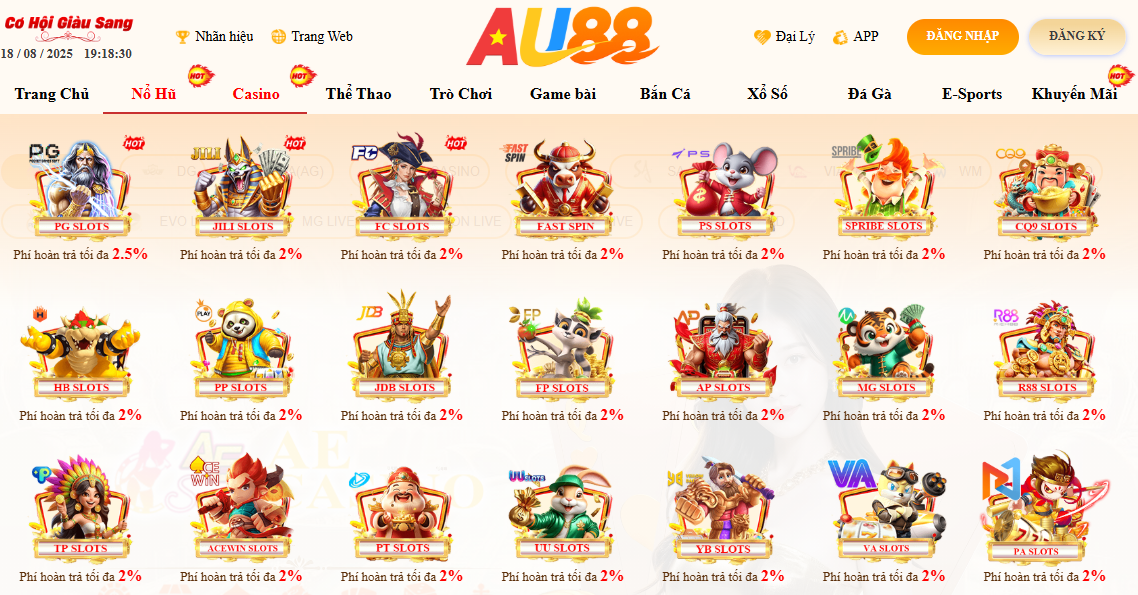 AU88 – TRANG CHỦ 25 Sảnh nổ hũ Au88 với phí hoàn trả cực cao và khả năng trúng Jackpot X100 tài khoản